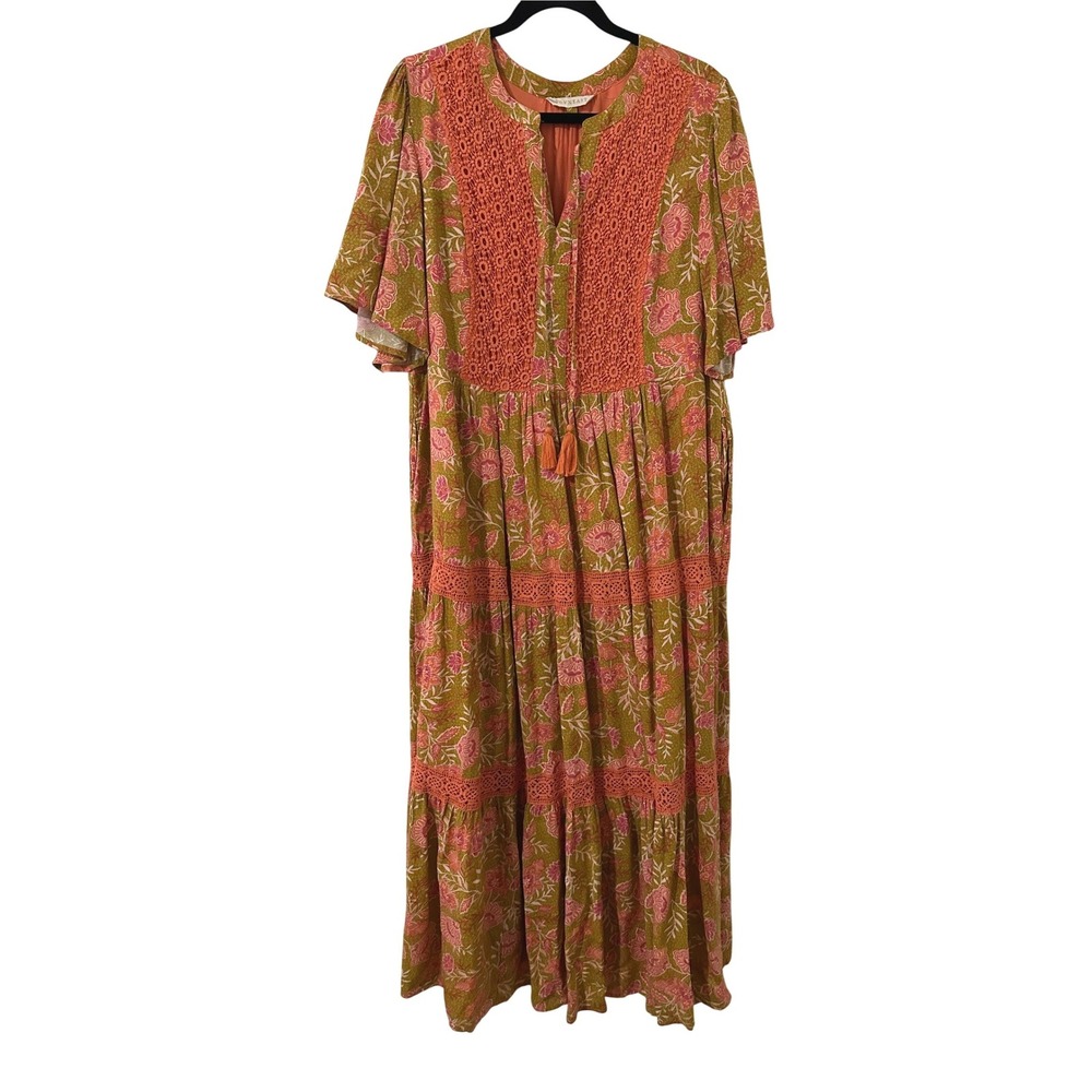 Downeast Womens Large Floral Maxi Dress Boho Tiered Crochet Lace Olive Coral L